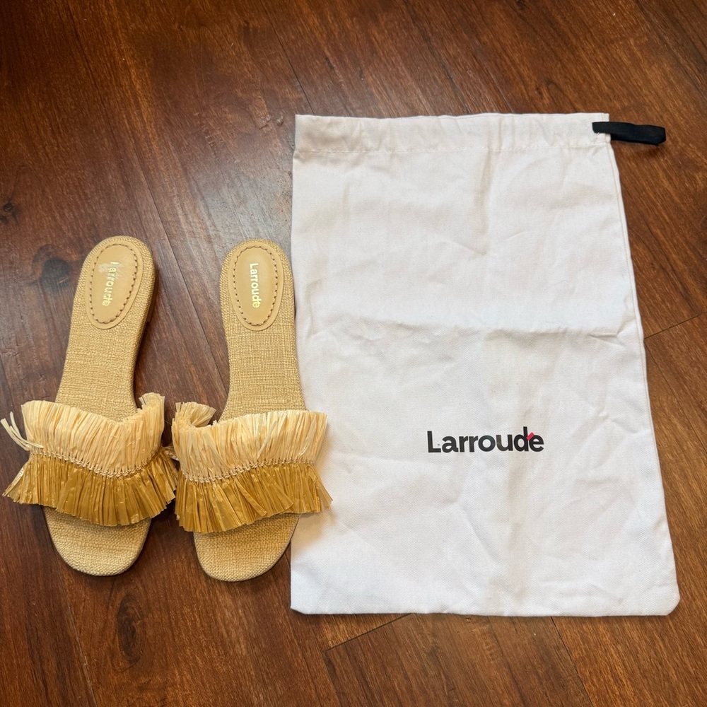 NEW Larroude Ivy Fringe Flat Sandals - Tan Raffia Sz 8 - Picture 2 of 8